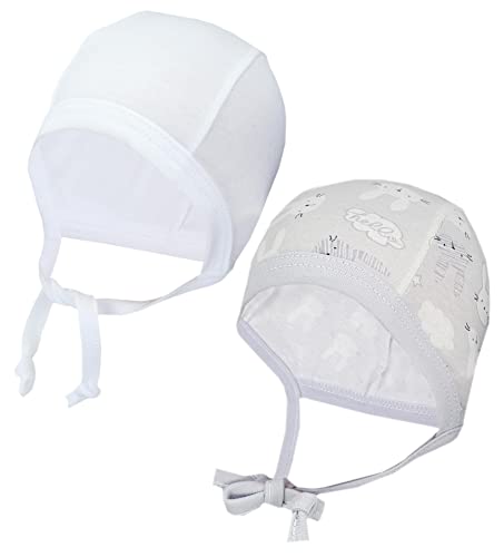 TupTam Unisex Baby Erstlingsmütze zum Binden 2er Pack, Farbe: Kaninchen Grau/Weiß, Größe: 50-56