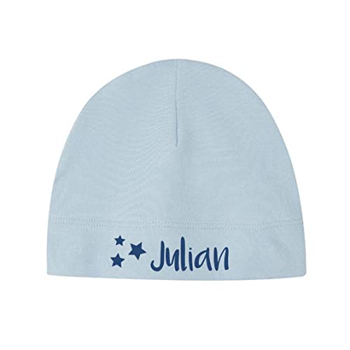 minimutz Kleine Babymütze mit Namen | Personalisierte Mütze Beanie für Baby und Neugeborene | Motiv Sterne Stars (hellblau)