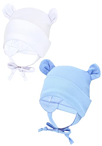 TupTam Baby Erstlingsmütze mit Ohrenklappen 2er Pack, Farbe: Weiß/Blau/mit Ohren, Größe: 50-56