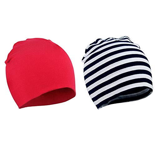 WYMAODAN Baby Baskenmütze, Zwei weiche doppelte süße Hüte aus Herbst- und Winterbaumwolle, geeignet für Jungen und Mädchen im Alter von 1 bis 3 Jahren (Rot+Streifen)