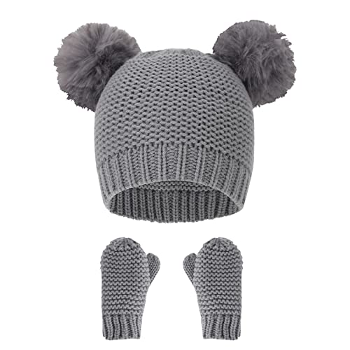 Baby Mütze und Handschuhe Set,Kleinkind Winter Strickmütze Hüte,Warme Wintermütze und Handschuhe für Kleinkinder,Kleinkind Beanie Bommelmütze für Jungen und Mädchen Gray