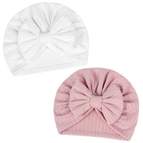 XOKL 2 Stück Neugeborenen-Babymütze, weiche, Dehnbare Baby-Turban-Hüte, Kleinkinder-Mädchen-Jungen-Mütze, Kindergarten-Krankenhaus-Mütze für Neugeborene, Kleinkinder (Rosa und Weiß)