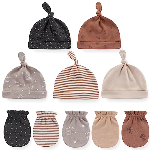 Ecojoy Newborn Baby 5 Mützen und 5 Paar Kratzfeste Fäustlinge für Babys Jungen und Mädchen, Alter 0-6 Monate, 100% Baumwolle, Einheitsgröße, braun