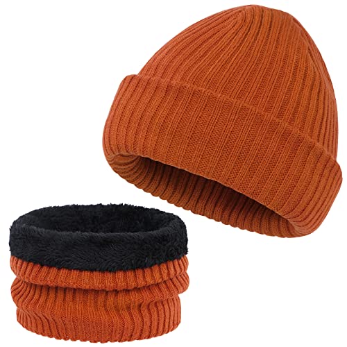 Durio Unisex Mütze Schal Set Junge Mädchen Warm Wintermütze Strickmütze Kindermütze Babymütze Karamell-Orange 2-8 Jahre (Tag Size M)