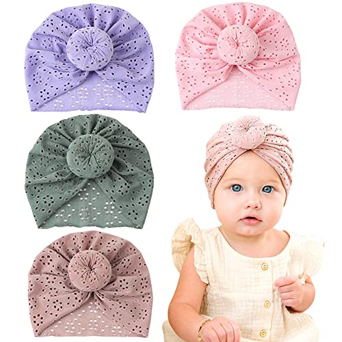 Baby Mütze für Mädchen, MoreChioce 4 Stück Baby Turban Hüte Mütze Neugeborenenmütze Brötchen Knoten Baby Infant Beanie Stirnband Babymützen Erstlingsmützen Caps