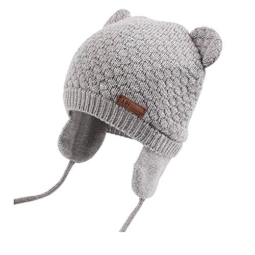 DRESHOW Unisex Baby Mütze Süßer Bär Kleinkind Earflap Beanie Strickmütze Warm Herbst Wintermütze, Grau, Gr.- 0-7 Monate/ Small