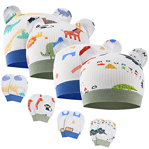 Aolso Neugeborenes Baby Mütze,8 Stück Baby Hut und Handschuhe Set, Baumwolle Baby Mütze, Baby Mütze Jungen Mädchen,Warme Babymütze für Neugeborenes-Blau + Grün