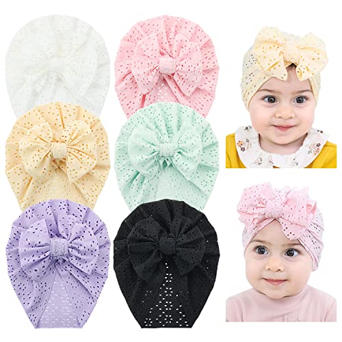 Cinaci 6 Stück atmungsaktive weiche große Schleife Turban Hüte Beanie Caps Headwraps für Baby Mädchen Säuglinge Kleinkinder Kinder, Weiß, Mintgrün, Rosa, Gelb, Hellviolett, Schwarz, 3-24 Monate